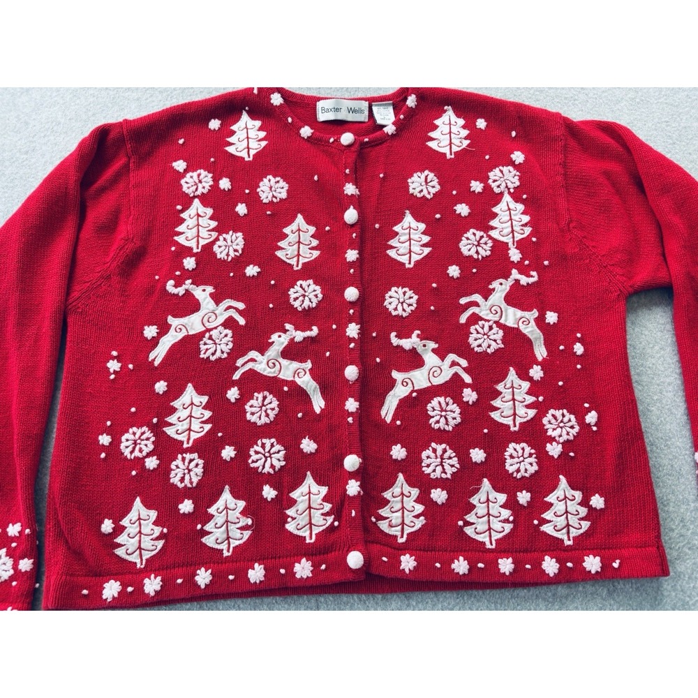 Vintage Baxter & Wells Red Sweater Womens Large Reindeer Christmas Tree Snow